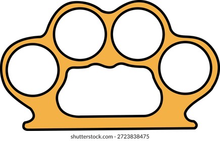 This sophisticated and bold vector illustration features a standard set of brass knuckles, rendered in a rich golden-tan color with clean black outlines. Designed for the high-end streetwear, fashion, and urban luxury markets, this scalable graphic captures themes of protection, wealth, and assertive personal style. The lighting is portrayed as a clean, flat aesthetic with vibrant metallic tones, ensuring high visibility and immediate recognition as a unique cultural symbol. The texture is characterized by perfectly smooth vector paths and expertly closed loops, making the file highly optimized for use with vinyl cutting machines like Cricut and Silhouette to produce custom automotive decals, boutique brand logos, and heat transfer designs for luxury apparel. Conceptually, the imagery represents a fusion of traditional urban grit and modern high-end aesthetics, often seen in contemporary rap and hip-hop culture. It serves as a versatile resource for creating streetwear boutique identities, concert promotional materials, or digital stickers for lifestyle influencers focused on "gold" themes and personal strength. The master craftsmanship ensures that the intricate finger holes and palm grip remain sharp even when enlarged for expansive murals or reduced for small merchandise labels. [Maturity Rating: Yes]