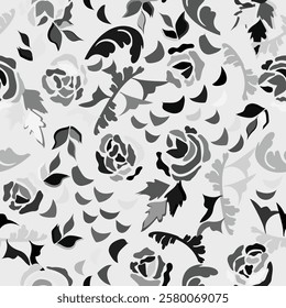 This is a sophisticated pattern showcasing intricate roses and leaves elegantly designed in black and white tones