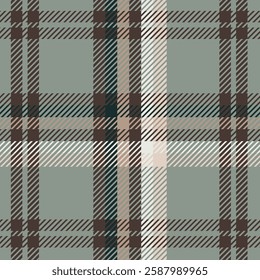 This sophisticated plaid pattern features a blend of muted brown, beige, gray, and white colors on a light sage green background.