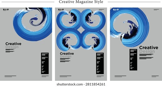 This sophisticated three-part vector layout series explores the delicate convergence of rigorous minimalist Swiss typography and the organic fluidity of abstract expressionism. Intended as a multi-page brochure system, a triptych gallery poster series, or a cohesive set of front covers for high-end creative periodicals, the design establishes a powerful visual narrative across three distinct iterations. By juxtaposing mathematically disciplined grid structures with chaotic, high-fidelity impasto paint swirls, the composition achieves a compelling balance between professional corporate polish and raw artistic freedom. The artwork is systematically divided into three vertical layouts that share identical typographic baselines and background values while changing the orientation and form of the central graphic asset, allowing the pieces to work effectively as an interconnected gallery installation or a sequential multi-volume editorial set. The first layout introduces the theme with a large, sweeping circular brush stroke positioned in the upper half of the canvas, moving in an anti-clockwise direction to pull the viewer's eye from the outer perimeter down into a delicate, needle-sharp vortex at the true center of the whorl. The central panel transitions from asymmetry into a formal, balanced geometric matrix, duplicating the thick fluid brushstroke into a four-fold symmetrical cluster that forms an abstract mandala pattern representing organizational control and systemic processing of creative inputs. The final layout pushes the abstract graphic toward the upper boundaries of the canvas, scaling the circular wave to its largest proportions where it acts as a heavy framing mechanism curving down toward the center-right margin, ending in textured splatters and broken gradients while shifting the primary headline to the right side to signal open-ended continuation.