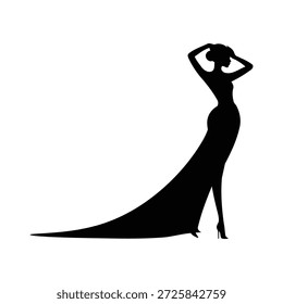 Diese raffinierte Vektorsilhouette fängt ein High-Fashion-Modell ein, das in einem atemberaubenden, bodenlangen Abendkleid mit einem dramatischen langen Zug posiert.