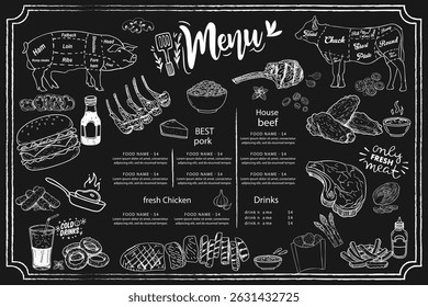 Esta coleção especial temática sobre produtos de carne oferece um visual original com desenhos vetoriais desenhados à mão. Ele fornece uma aparência eficaz em menu e trabalhos de publicidade.
