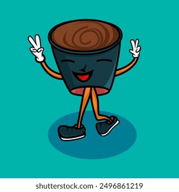 This special smiling coffee mascot vector design on a blue background is perfect for children's books and cafe posters.