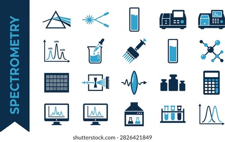 This spectrometry science vector icon set includes prism laser beam test tube molecule waveform lab grid spectrum monitor calculator and analytical measurement symbols. It is useful for websites mobile apps infographics posters product pages social media and commercial design projects. Popular reusable stock artwork.