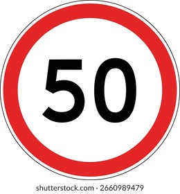Se trata de una señal de límite de velocidad que indica una velocidad máxima de 50 kilómetros por hora. El letrero es circular con un borde rojo y un fondo blanco, con el número 50 en negro.