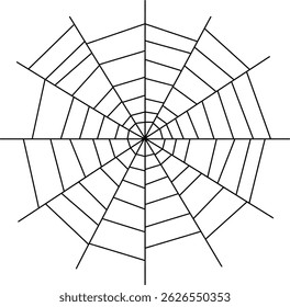 This spider web vector illustration features a detailed radial and circular line pattern, suitable for graphic design and decoration, presenting a clean and precise geometric look. Calm mood.