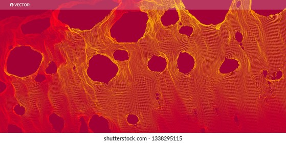 This spiderweb has been broken. Abstract grid background with hole. Array with dynamic particles. Texture. 3D grid surface.  Technology vector illustration.