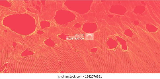 Esta teia foi quebrada. Fundo abstrato da grade com furo. Matriz com partículas dinâmicas. Textura. superfície da grade 3D.  Ilustração do vetor de tecnologia.