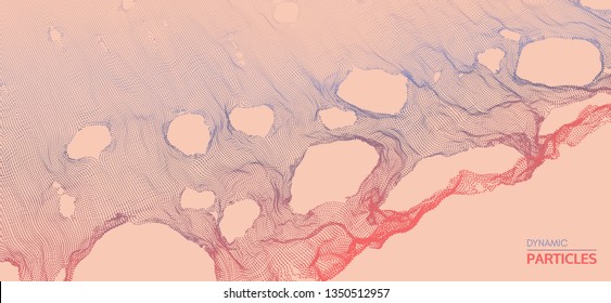 Esta teia foi quebrada. Fundo abstrato da grade com furo. Matriz com partículas dinâmicas. Textura. superfície da grade 3D.  Ilustração do vetor de tecnologia.