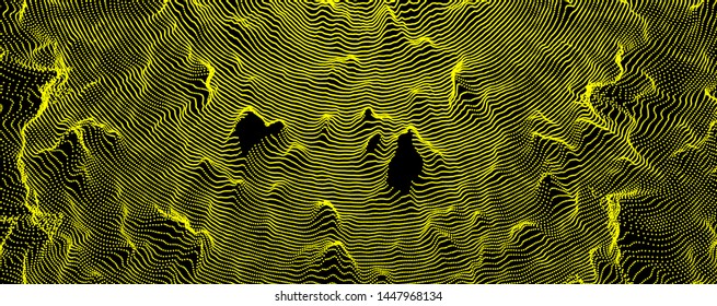 This spiderweb has been broken. Abstract grid background with hole. Array with dynamic particles. Texture. 3D grid surface.  Technology vector illustration.