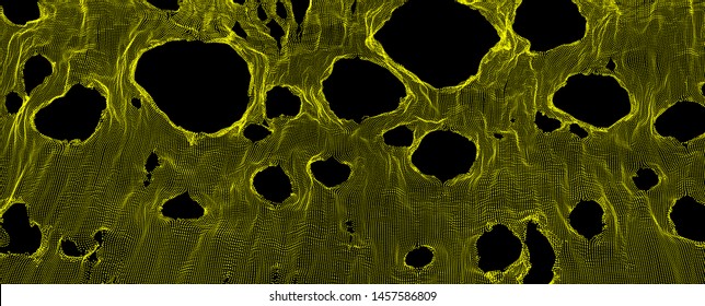 This spiderweb has been broken. Abstract grid background with hole. Array with dynamic particles. Texture. 3D grid surface.  Technology vector illustration.