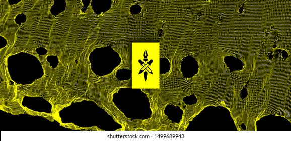 This spiderweb has been broken. Abstract grid background with hole. Array with dynamic particles. Texture. 3D grid surface.  Technology vector illustration.