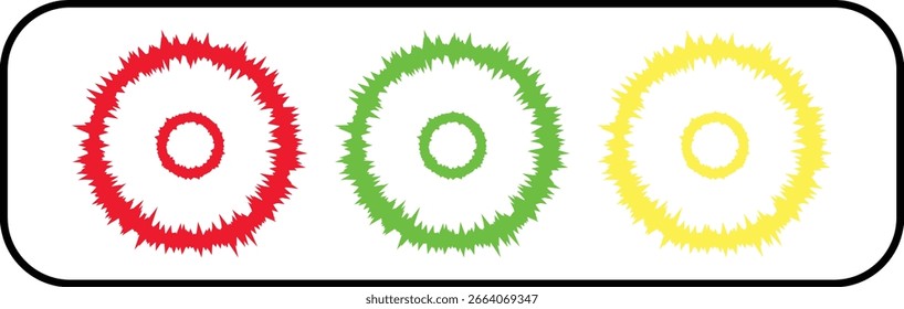 This spiky abstract circle icon set features red, green, and yellow designs in a dynamic vector style. Ideal for posters, wallpapers, and digital art, these scalable EPS files are editable for infogrf
