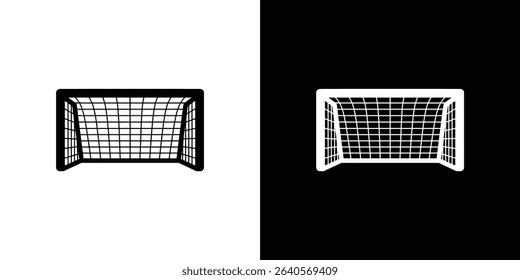 This split image features an isolated soccer goal in black on a white background and a second instance of the same goal in white on a black background.