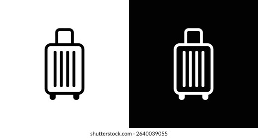 This split image showcases the same suitcase icon on contrasting backgrounds, light on white and white on black. The simple design with handle and wheels evokes travel.