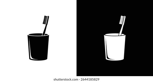 This is a split screen illustration featuring a toothbrush inside a glass, contrasting against black and white backgrounds. The image highlights dental hygiene and oral care.