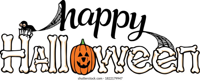 This spooky halloween is just a bunch of bones rising out of the ground. This clip art piece features the word halloween composed of a pumpkin and skeleton bones. 
