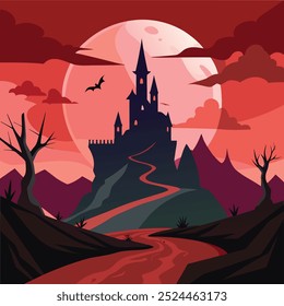 This spooky illustration shows a dark castle on a mountain, surrounded by a creepy forest and a glowing red moon. Perfect for Halloween themes, haunted designs, posters, party invites, or seasonal.