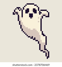 In this spooky pixel art, a grinning ghost floats eerily in the moonlit night. Its translucent form radiates a haunting, ethereal glow. Swirling mist surrounds the specter, adding to the supernatural 