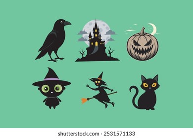 This spooky vector art features classic Halloween elements including a black cat, owl, witch, spider, bat, and dead tree, creating a haunting and eerie atmosphere perfect for seasonal designs.