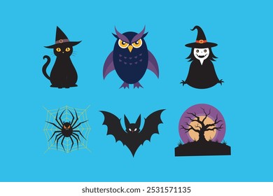 This spooky vector art features classic Halloween elements including a black cat, owl, witch, spider, bat, and dead tree, creating a haunting and eerie atmosphere perfect for seasonal designs.