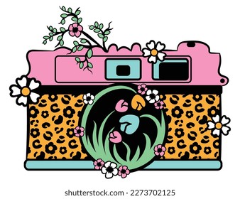 This spring-themed photo camera is a stunning display of flora and fauna, adorned with a gorgeous floral arrangement and pastel colours and a playful addition of leopard print.Perfect statement piece.