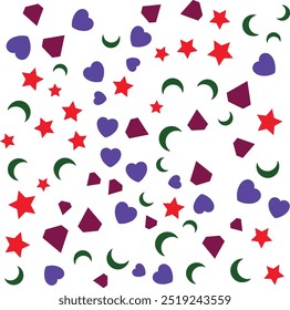 
Este design quadrado é preenchido com uma mistura perfeita de estrelas, luas, corações e diamantes, criando um padrão divertido e extravagante. Ideal para têxteis, papéis de parede e projetos digitais criativos.