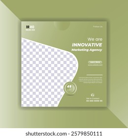 This is a square social media post template, featuring a light gray building image and a light olive-green background.