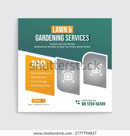 This square social media post template is for lawn and gardening services, featuring a dark teal and white color scheme with a prominent orange accent. The title "LAWN GARDENING SERVICES" is displayed in white and orange text. Two grey oval placeholders with camera are positioned towards the right. On the left, an orange section contains "100% Fast Trustable Service" and a bulleted list of services: "Lawn Maintenance", "Junk Removal", "Tree Treming", and "Fertilizing Pest". A "LET'S GO!"...