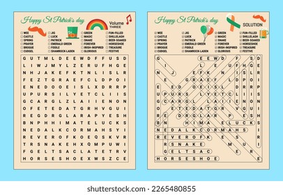 Este es un rompecabezas de búsqueda de palabras en el Día de San Patrón adecuado para adultos y niños mayores. El tamaño del archivo imprimible es una letra estadounidense o más grande.