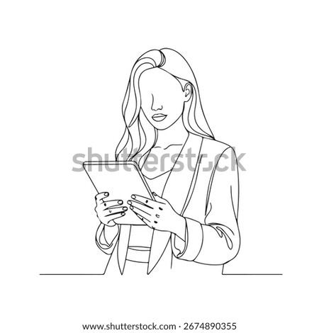 This stark black line drawing features a Caucasian woman with long hair in a blazer holding a tablet. Clean lines create a modern and professional design on white.