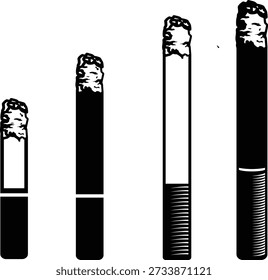Este gráfico en blanco y negro compara cuatro cigarrillos en varias etapas de ser fumados, ilustrando la progresión del consumo. Representa visualmente el nivel de uso o la duración que queda para cada producto de tabaco, haciendo hincapié en el concepto de agotamiento a lo largo del tiempo.
