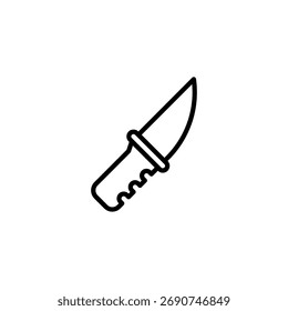 Esta ilustración en blanco y negro retrata un cuchillo de caza afilado. El diseño simple y minimalista enfatiza la forma y la función de la herramienta. Ideal para diseños que requieren un símbolo de preparación o