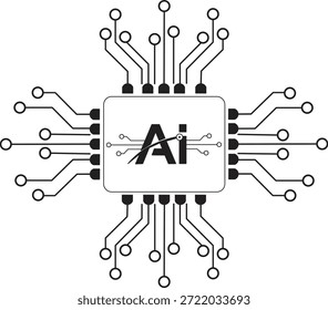 Diese stark schwarz-weiße Illustration stellt visuell das Kernkonzept der künstlichen Intelligenz dar, die in einen Mikrochip integriert ist. Die zentrale rechteckige Komponente, die typisch für einen Prozessor oder integrierten Schaltkreis ist, zeigt deutlich die Abkürzung "AI", die das Gehirn intelligenter Systeme bezeichnet. Zahlreiche Leiterbahnen und Verbindungspunkte erstrecken sich vom Chip aus nach außen, was den Datenfluss, komplizierte Verbindungen und die der KI-Technologie innewohnenden umfangreichen Netzwerkfähigkeiten symbolisiert. Das minimalistische Design betont die grundlegende Rolle der Hardware bei der Ansteuerung komplexer KI-Algorithmen und maschineller Lernprozesse und ist damit eine ideale Grafik für Themen, die mit Zukunftstechnologie, Computing und Innovation zusammenhängen.