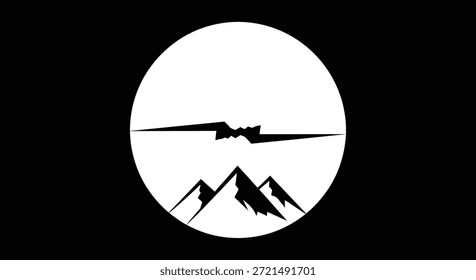 Esta imagem em preto e branco apresenta um design minimalista de uma cordilheira. Acima dos picos, um raio pisca no céu, tudo contido em um quadro circular contra um escuro