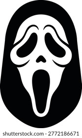 This stark black and white image presents a silhouette of the iconic Scream mask, instantly recognizable from the popular horror franchise. The mask's distorted, screaming expression evokes fear and tension.