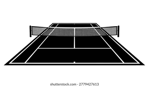 This is a stark black and white image depicting a standard tennis court, showcasing the net, lines, and playing surface from a distinctive, centered viewpoint.