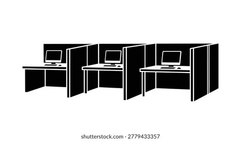 This stark black and white image shows three computer workstations arranged in a row, separated by partitions, representing a modern office or learning environment.