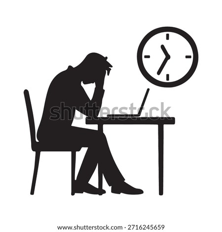 This stark black and white silhouette illustrates a person seated at a desk, with their head in their hands, conveying a strong sense of stress, exhaustion, or being overwhelmed. A laptop is placed on the desk, indicating work or study, while a prominent clock icon above it symbolizes impending deadlines, time pressure, or long working hours. The image effectively captures the emotional burden of modern professional life, the struggles with time management, and the potential for burnout in a demanding environment.