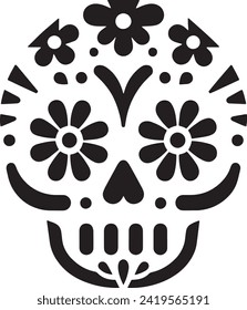 Diese schwarz-weiße Vektorgrafik zeigt eine stilisierte Darstellung eines Zuckerschädels, ein traditionelles Emblem des mexikanischen Urlaubs Día de los Muertos oder Day of the Dead.