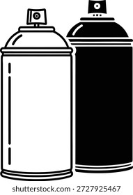 This stark black and white vector illustration features two aerosol spray paint cans, one predominantly white with black details, the other entirely in black outline.