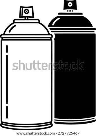 This stark black and white vector illustration features two aerosol spray paint cans, one predominantly white with black details, the other entirely in black outline.