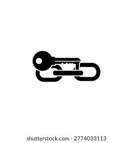 This stark, high-contrast black and white icon visually represents the interconnected ideas of security and access. A traditional key is firmly linked with a single chain segment, symbolizing a secure connection, data protection, or an essential solution to a complex problem. Ideal for illustrating concepts related to cybersecurity, digital access, authentication, and the safeguarding of valuable information or systems.