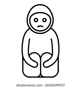 This stark illustration depicts a sad person in a hoodie, their knees drawn up in a black outline. The vector art conveys deep emotions of sadness, depression,