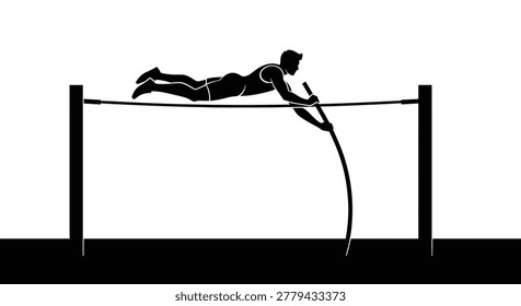 This stark image depicts a pole vaulter in mid-air, skillfully clearing a bar with a bent pole. The black silhouette against the white background emphasizes motion and athleticism.