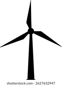 This stark image presents a black silhouette of a wind turbine, emphasizing its clean lines and geometric shape against a solid white backdrop. The turbine's blades and tower are clearly defined.