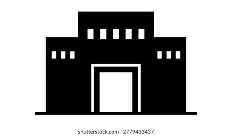 This stark image showcases a black building silhouette, featuring a prominent entrance and evenly spaced rectangular windows. It embodies modern architectural simplicity and graphic design.
