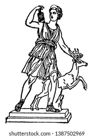 This is the statue of Diana was a goddess of the Romans. She was the daughter of Zeus and Leto, twin sister of Apollo, and the goddess of hunting and chastity, vintage line drawing or engraving