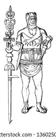Esta es la estatua del Signifer. Hay armas a ambos lados de la mano, dibujo vintage de líneas o ilustración grabadora.