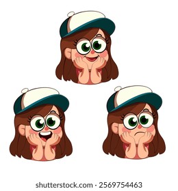 This sticker pack features a cheerful cartoon girl with expressive green eyes and a cap, showcasing different emotions. Perfect for messaging apps and social media.